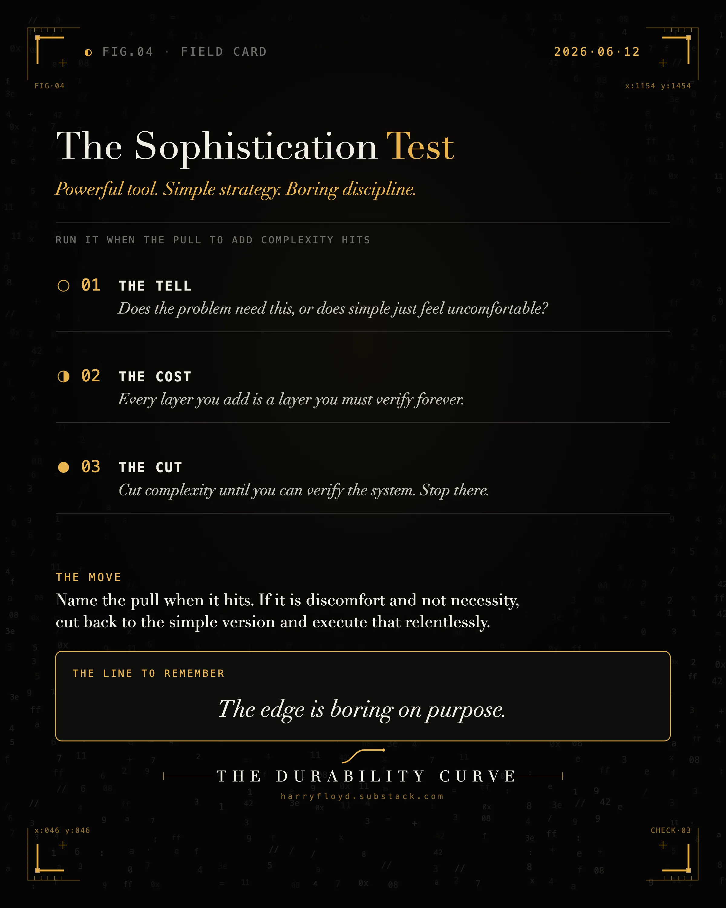 The Sophistication Test: three checks to run when the pull to add complexity hits.