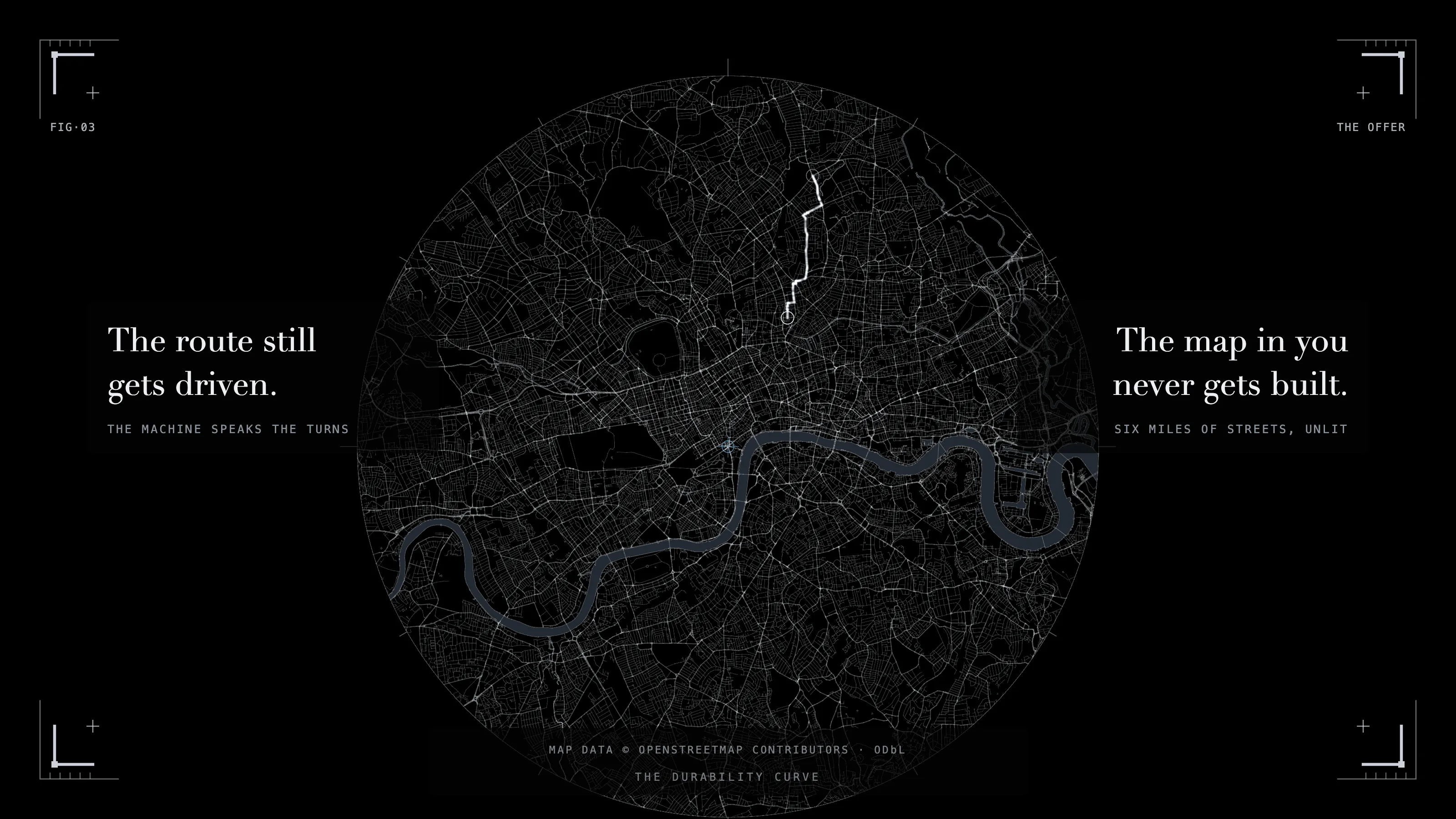 The same real map of London within six miles of Charing Cross, now almost unlit. One route is drawn in flat grey: the machine's route, its turns spoken aloud. The route still gets driven; the map in you never gets built. Map data © OpenStreetMap contributors, ODbL.