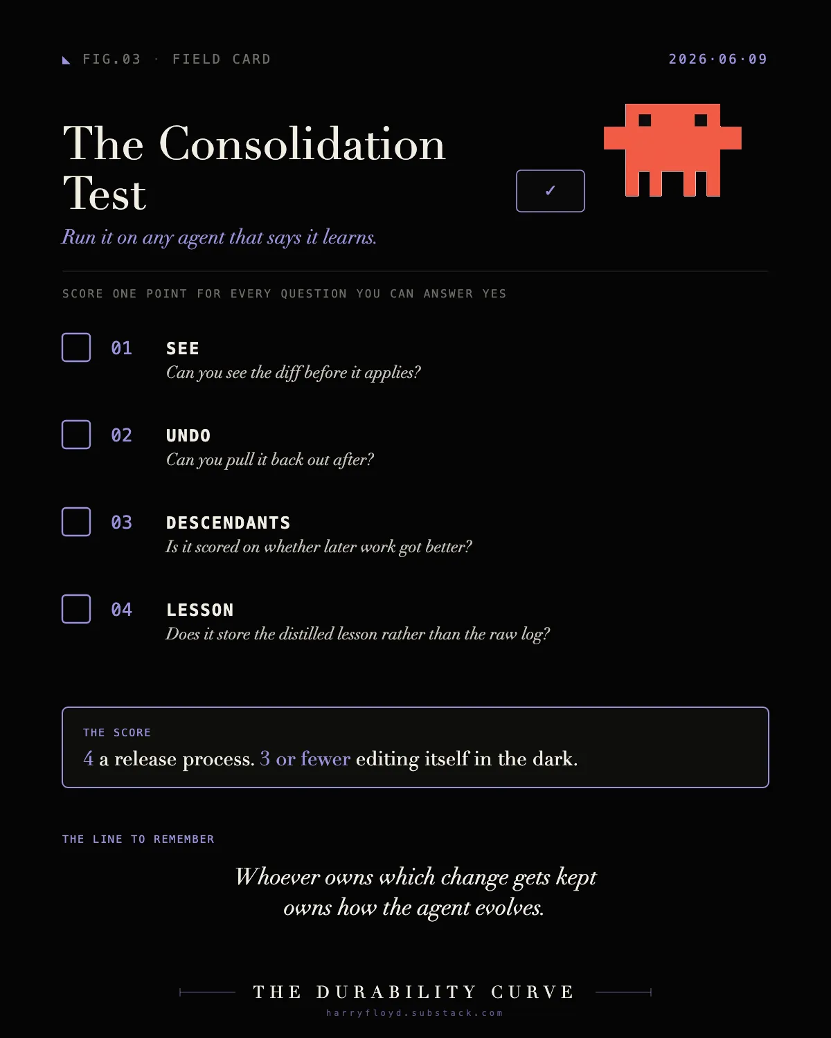 The Consolidation Test: four questions that separate a release process from an agent editing itself in the dark.