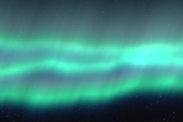 Wide bands of green aurora light across a dark blue night sky scattered with faint stars.