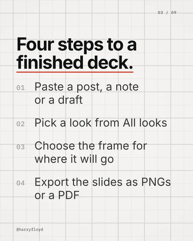 A steps slide on an off-white grid, headed “Four steps to a finished deck.” with a red underline, followed by four numbered steps in grey sans serif.