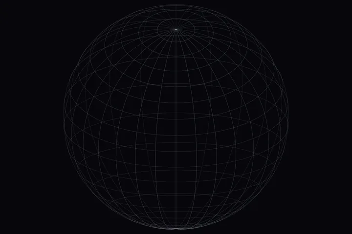 A wireframe globe drawn in thin grey lines of latitude and longitude on a near-black ground, tilted so the north pole sits near the top edge.