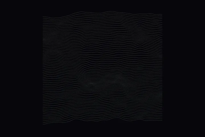 Seventy stacked horizontal lines in faint olive grey on a near-black ground, each rippling over a hidden relief so the stack reads as a contour map.